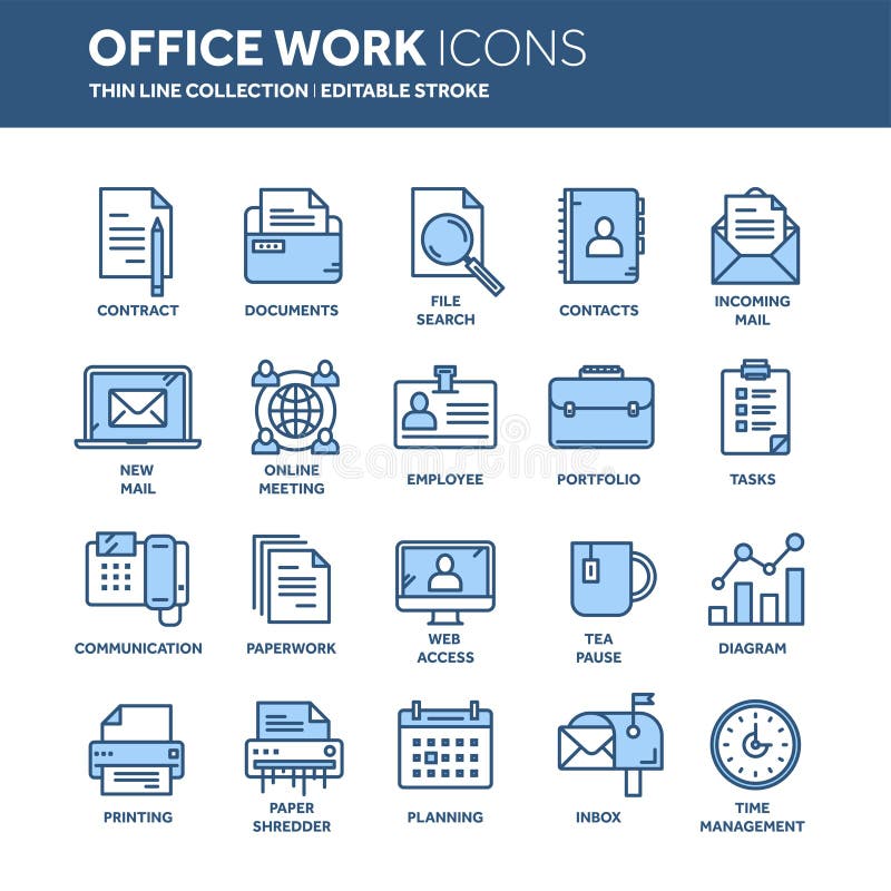 Affare e lavoro d'ufficio Documenti, lavoro di ufficio Uomo d'affari Linea sottile insieme blu dell'icona di web Raccolta delle i royalty illustrazione gratis