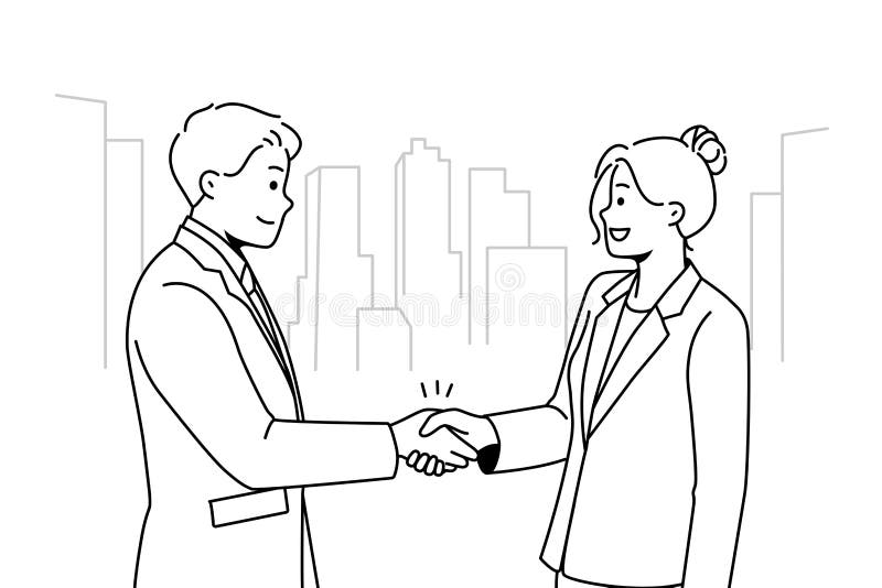 Affari sorridenti stringono la mano con un accordo di chiusura royalty illustrazione gratis