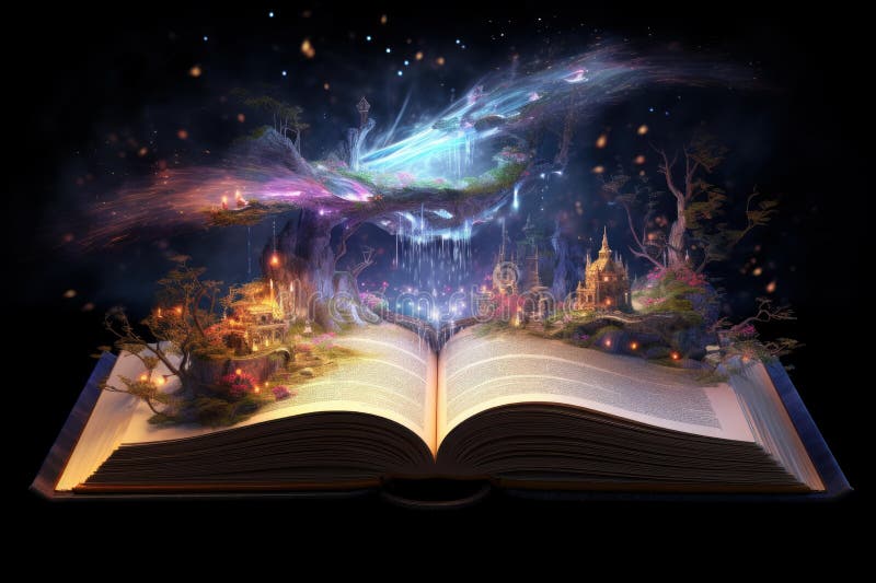 Affascinante libro magico aperto invecchiato. generare i fotografie stock