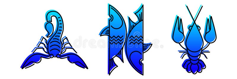 Set of Zodiac Water element signs Scorpio Cancer Pisces star sign Scorpion Fish Crawfish astrological symbol, logo, emblem. Thin line illustration. Outline zodiac vector concept. Set of Zodiac Water element signs Scorpio Cancer Pisces star sign Scorpion Fish Crawfish astrological symbol, logo, emblem. Thin line illustration. Outline zodiac vector concept.