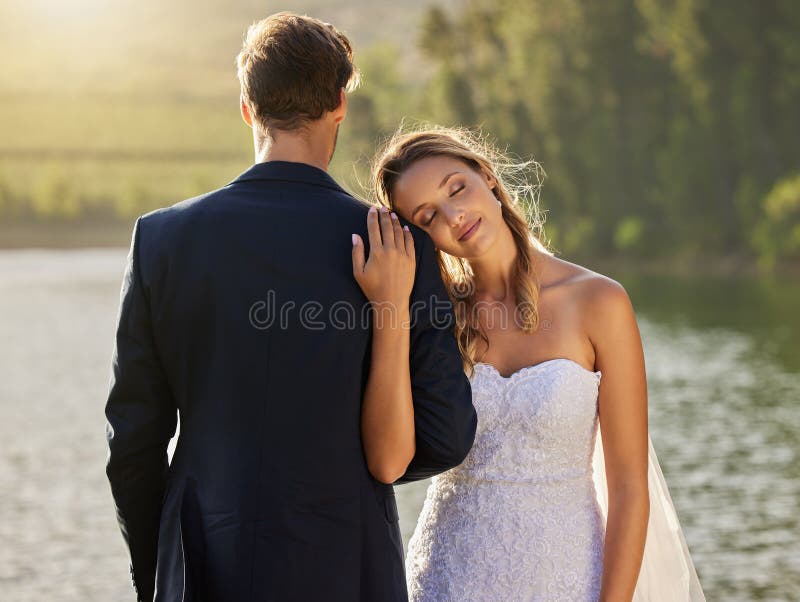 Affection, Love and a Couple at a Lake Wedding with Comfort, Content ...