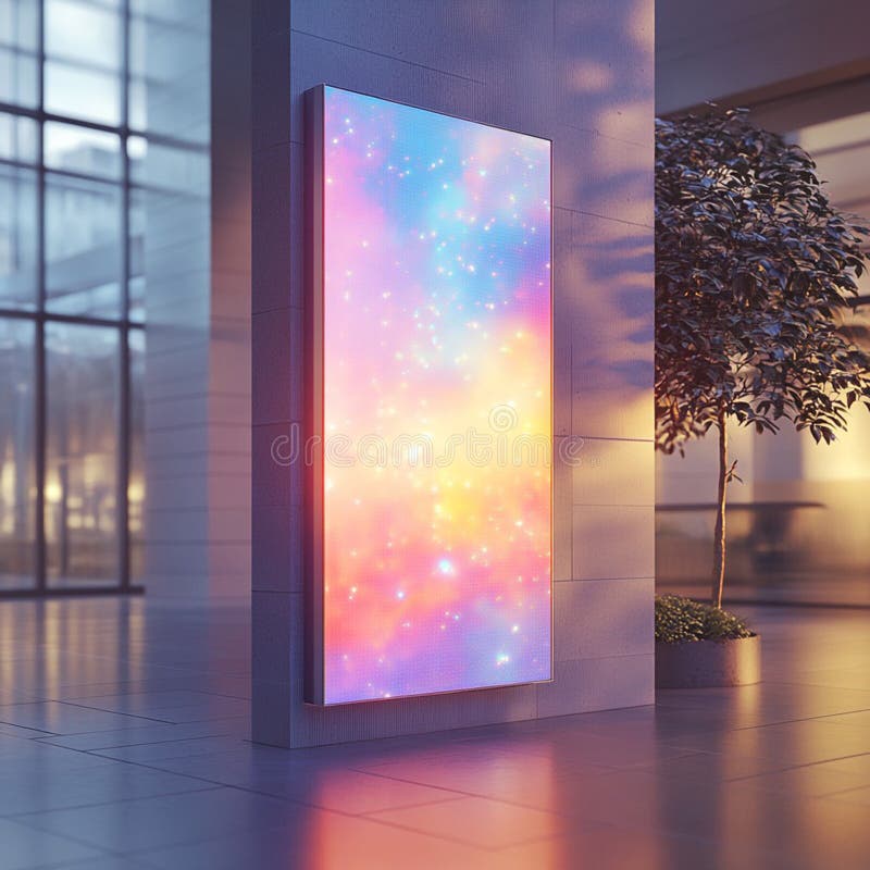 Affichage numérique moderne dans le hall lumineux avec design abstrait coloré. Un écran numérique moderne dans un hall élégant présentant un design abstrait coloré qui améliore l'espace avec la vitalité et l'innovation parfait pour les environnements contemporains