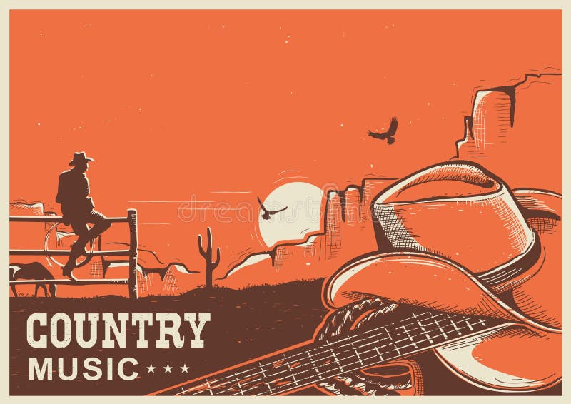 Affiche américaine de musique country avec le chapeau et la guitare de cowboy sur la terre