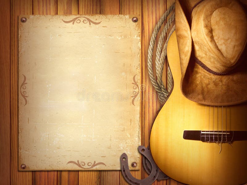 Affiche américaine de musique country Fond en bois avec la guitare
