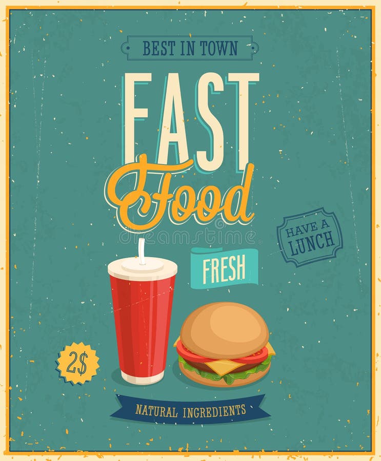 Affiche d'aliments de préparation rapide de vintage. Illustration de vecteur. illustration stock Affiche d'aliments de préparation rapide de vintage. Illustration de vecteur. illustration stock