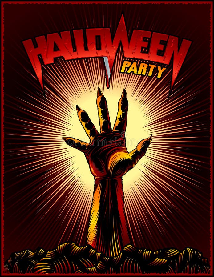 Affiche d'impression d'horreur de fond de faisceau de vintage de partie de Halloween de main de zombi illustration libre de droits Affiche d'impression d'horreur de fond de faisceau de vintage de partie de Halloween de main de zombi illustration libre de droits