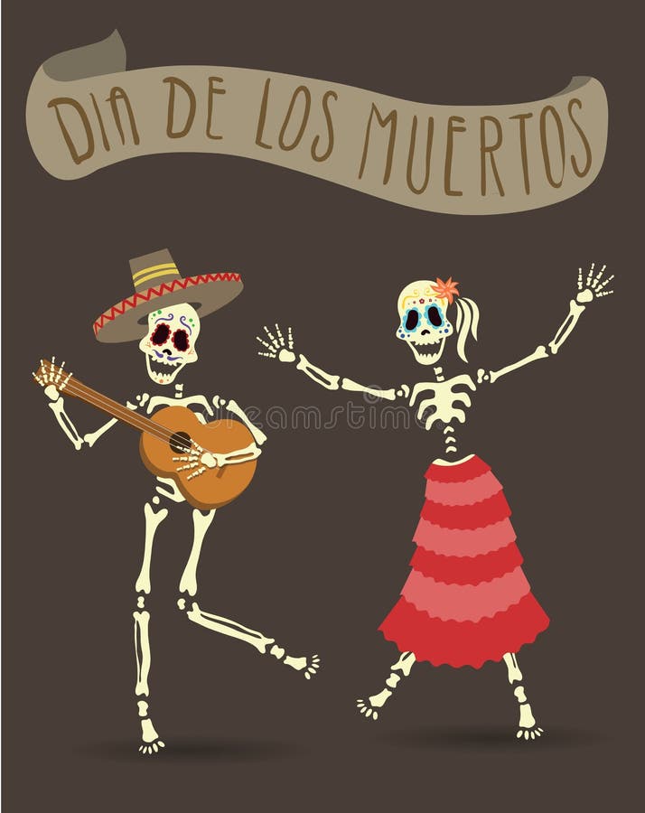 Affiche d'invitation pour le jour des morts Dia de Los Muertos La guitare et la danse jouantes squelettiques Illustration de vect illustration libre de droits Affiche d'invitation pour le jour des morts Dia de Los Muertos La guitare et la danse jouantes squelettiques Illustration de vect illustration libre de droits