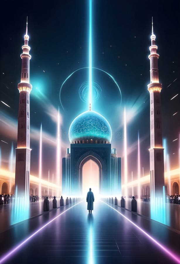 AI generated of a poster for a mosque with a man standing in front of it. AI generated of a poster for a mosque with a man standing in front of it