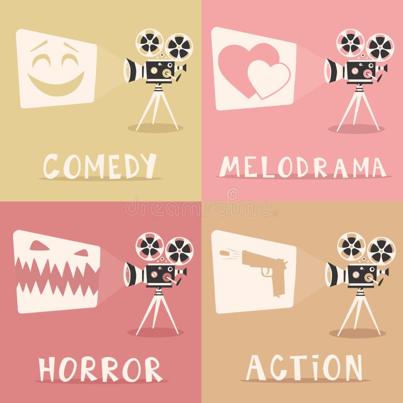 Affiche de genres de film Illustration de vecteur de dessin animé Projecteur et maïs éclaté de film illustration libre de droits Affiche de genres de film Illustration de vecteur de dessin animé Projecteur et maïs éclaté de film illustration libre de droits