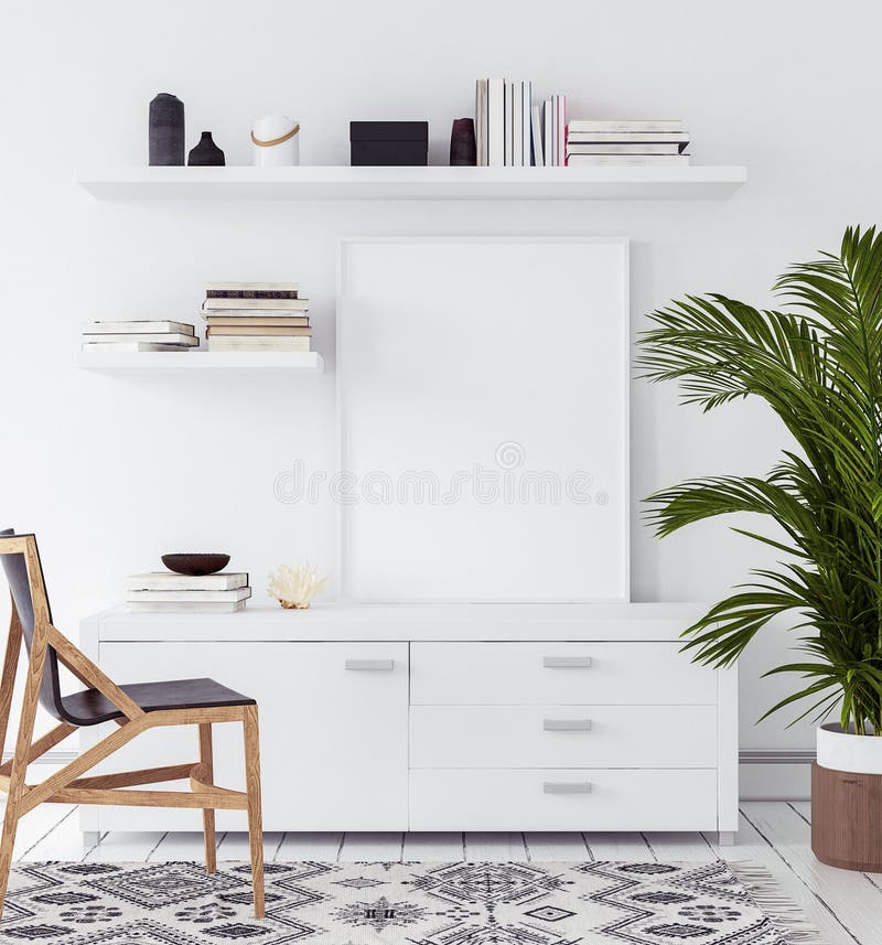 Affiche de maquette dans le salon, style scandinave images libres de droits Affiche de maquette dans le salon, style scandinave images libres de droits
