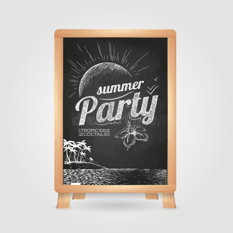 Summer party poster. Disco background. Chalk drawings. Chalk board. Summer party poster. Disco background. Chalk drawings. Chalk board