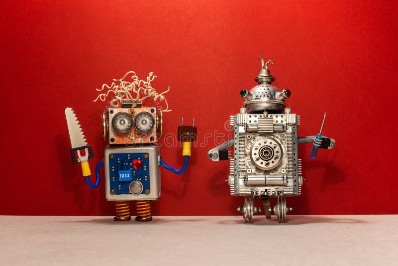 Affiche de service des r?parations d'ing?nieur Soldat de deux robots avec des outils de scie et de tournevis de main Fond rouge d image stock Affiche de service des r?parations d'ing?nieur Soldat de deux robots avec des outils de scie et de tournevis de main Fond rouge d image stock