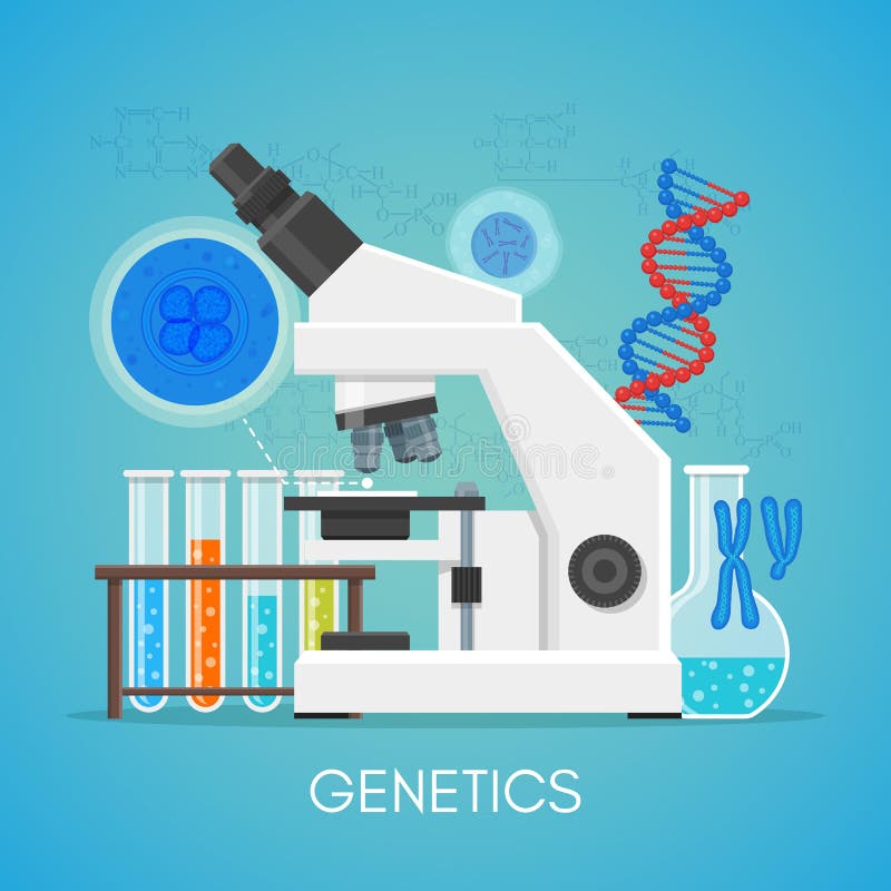 Affiche de vecteur de concept d'éducation de la science de la génétique dans la conception plate de style Équipement de laboratoi