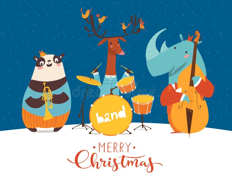 Christmas music jazz party poster. Vector music poster with cartoon animals musicians playing musical instruents. Jazz concert poster. Christmas music jazz party poster. Vector music poster with cartoon animals musicians playing musical instruents. Jazz concert poster.