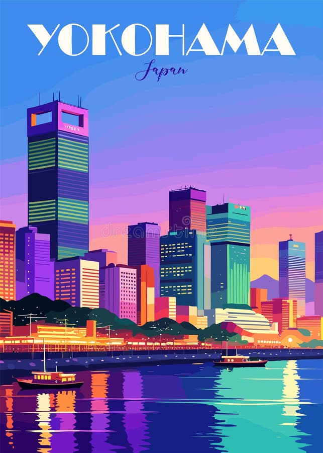 Yokohama, Japan Travel Destination Poster in retro style. Night cityscape digital print. Exotic summer vacation, holidays concept. Vintage vector colorful illustration. AI generated. Yokohama, Japan Travel Destination Poster in retro style. Night cityscape digital print. Exotic summer vacation, holidays concept. Vintage vector colorful illustration. AI generated