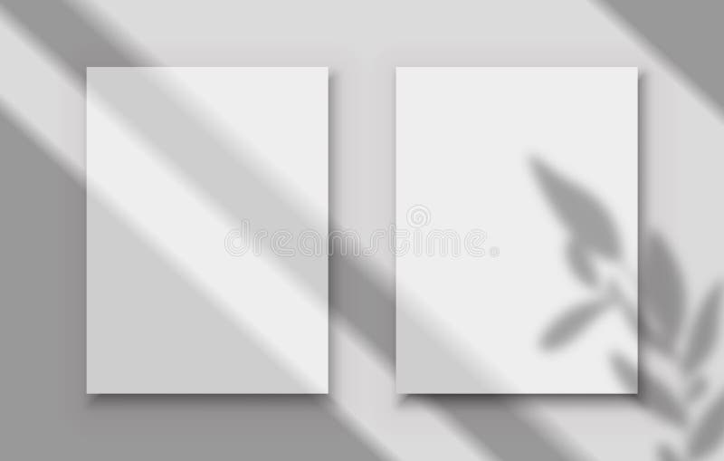 Affiches avec superposition d'ombre Deux cadres d'image blancs vierges avec des ombres transparentes sur les feuilles tropicales illustration libre de droits Affiches avec superposition d'ombre Deux cadres d'image blancs vierges avec des ombres transparentes sur les feuilles tropicales illustration libre de droits