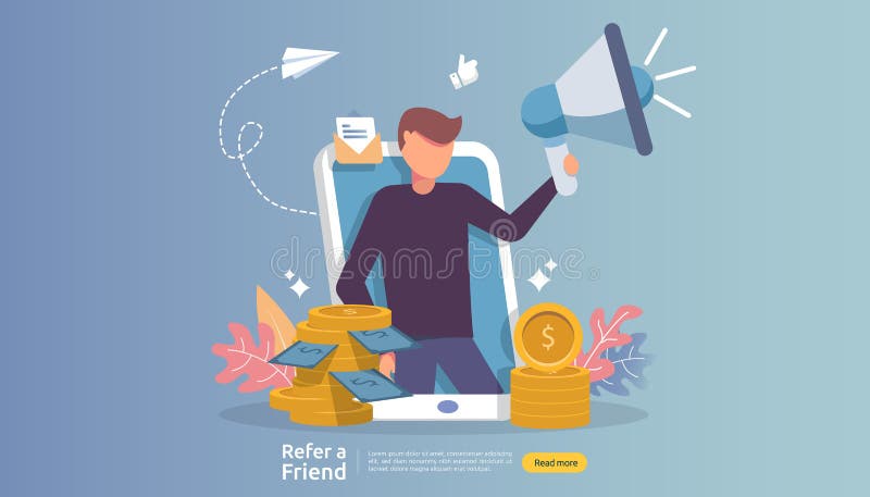 affiliate marketing concept. refer a friend strategy. people character shout megaphone sharing referral business partnership and royalty free illustration affiliate marketing concept. refer a friend strategy. people character shout megaphone sharing referral business partnership and royalty free illustration