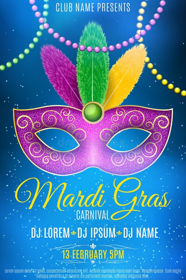 Affisch för den Mardi Gras karnevalet Maskering för en maskerad Lyxig maskering med färgrika fjädrar discjockeynamn Festlig rekla vektor illustrationer Affisch för den Mardi Gras karnevalet Maskering för en maskerad Lyxig maskering med färgrika fjädrar discjockeynamn Festlig rekla vektor illustrationer