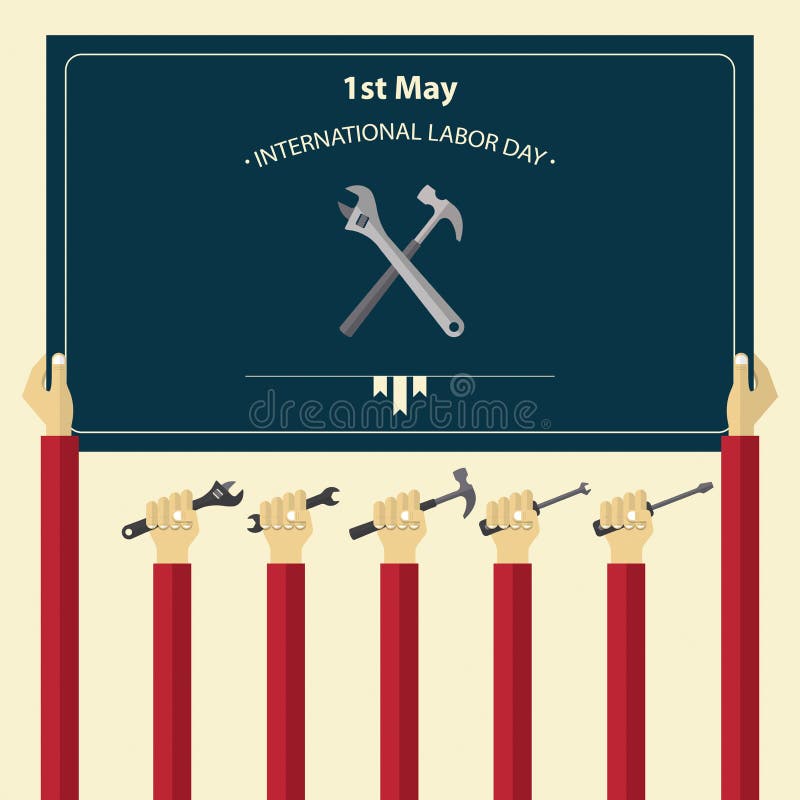 Affisch Maj 1st internationell för arbets- dag Hållande hjälpmedel för arbetarhand stock illustrationer Affisch Maj 1st internationell för arbets- dag Hållande hjälpmedel för arbetarhand stock illustrationer