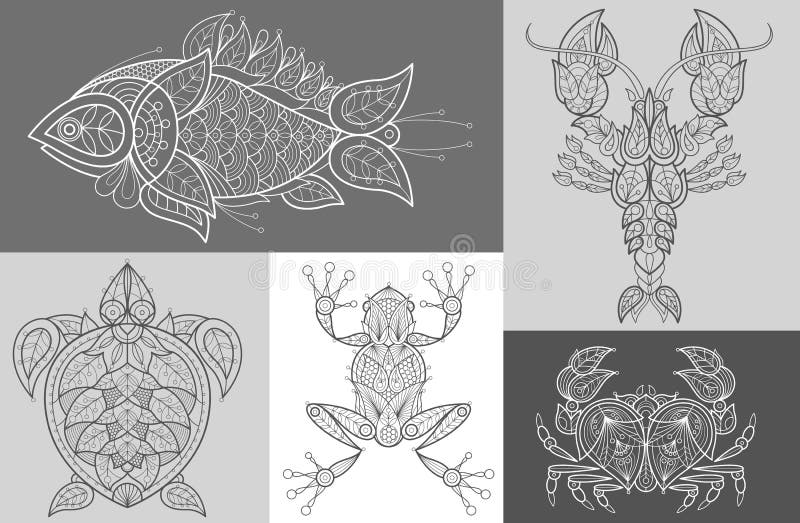 Affisch med dekorativa marin- djur stock illustrationer Affisch med dekorativa marin- djur stock illustrationer