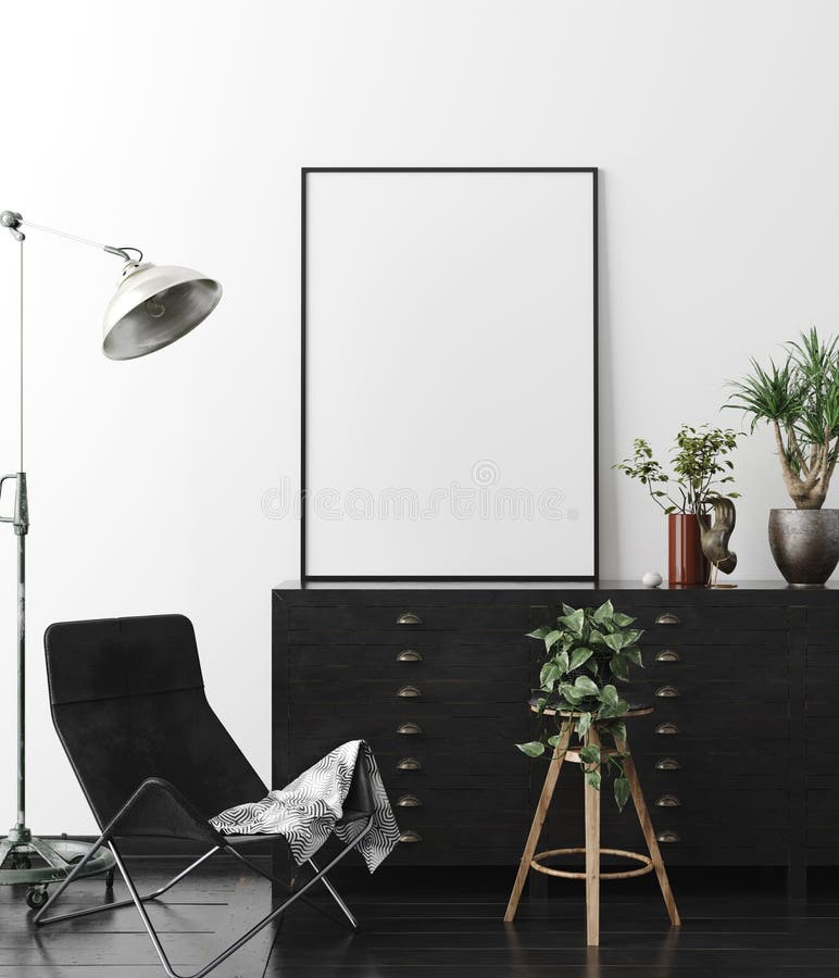 Affisch väggmodell i inre bakgrund med mörkt möblemang, industriell stil stock illustrationer