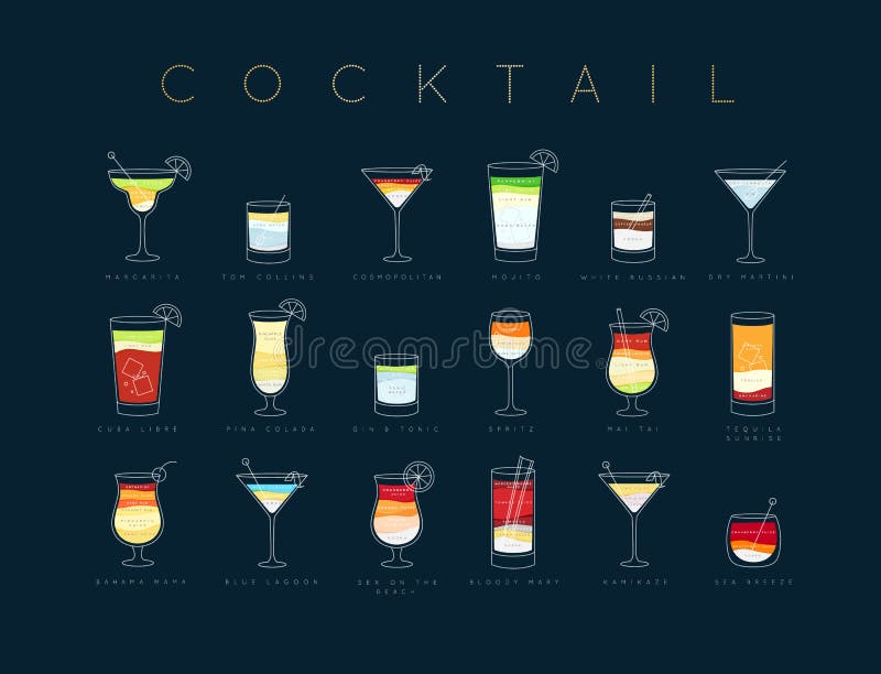 Affischcoctailar sänker menymörker - blått vektor illustrationer Affischcoctailar sänker menymörker - blått vektor illustrationer