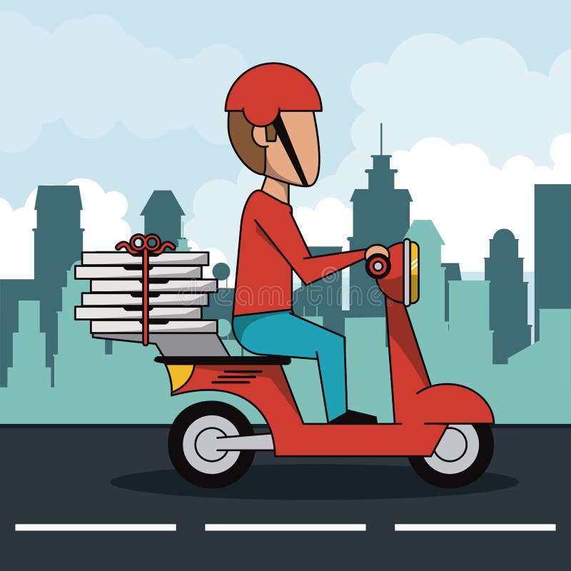 Affischstadslandskap med den snabba pizzaleveransmannen i röd sparkcykel stock illustrationer Affischstadslandskap med den snabba pizzaleveransmannen i röd sparkcykel stock illustrationer