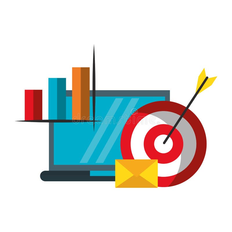 Affärs- och kontorsteknologisymboler. Business and office technology laptop with business statistics and target with email vector illustration graphic design