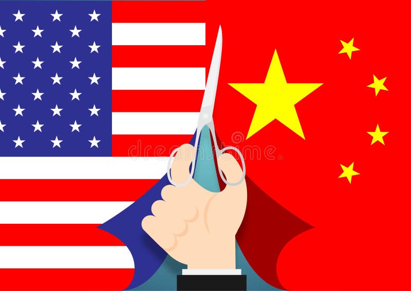 Affärshand med saxsnittflaggan av det isolerade Amerika och Kina, handelkriget och illustrationen för design för skattkrisbegrepp stock illustrationer Affärshand med saxsnittflaggan av det isolerade Amerika och Kina, handelkriget och illustrationen för design för skattkrisbegrepp stock illustrationer