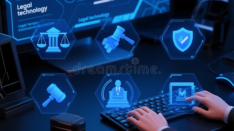 Affärshänder som använder futuristiska instrumentbrädor med jurister som styr handskakning och cyberskyddande ikoner för juristtek vektor illustrationer