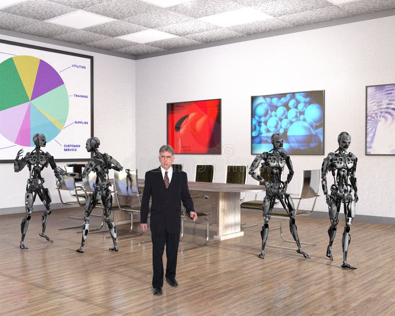 A businessman walks through a business office with robots. Abstract concept can be used for sales, marketing, technology, innovation, goals, or success. A businessman walks through a business office with robots. Abstract concept can be used for sales, marketing, technology, innovation, goals, or success.