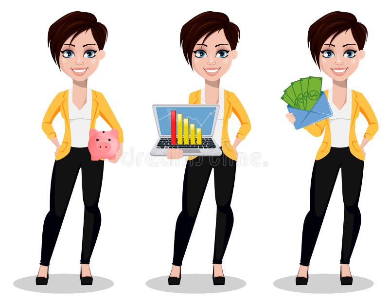 Affärskvinna, freelancer, bankir Härlig dam i tillfällig kläder stock illustrationer Affärskvinna, freelancer, bankir Härlig dam i tillfällig kläder stock illustrationer