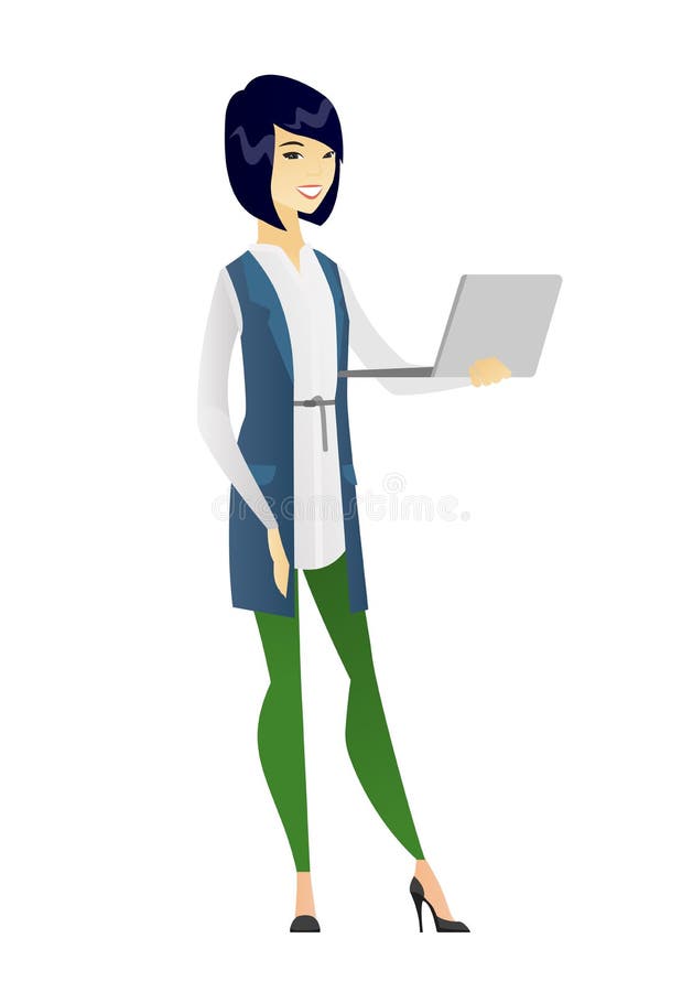 Affärskvinna som använder bärbar datorvektorillustrationen royaltyfri illustrationer