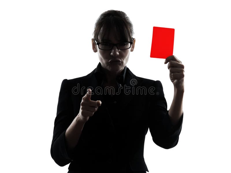 One business woman showing red card silhouette studio isolated on white background. One business woman showing red card silhouette studio isolated on white background