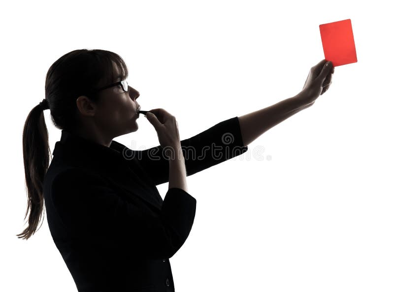 One business woman showing red card silhouette studio isolated on white background. One business woman showing red card silhouette studio isolated on white background