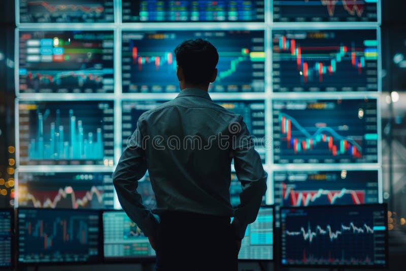 Affärsman analyserar ekonomiska data på flera skärmar. modern kontorsmiljö. perfekt för företagsfinansiering eller royaltyfri bild