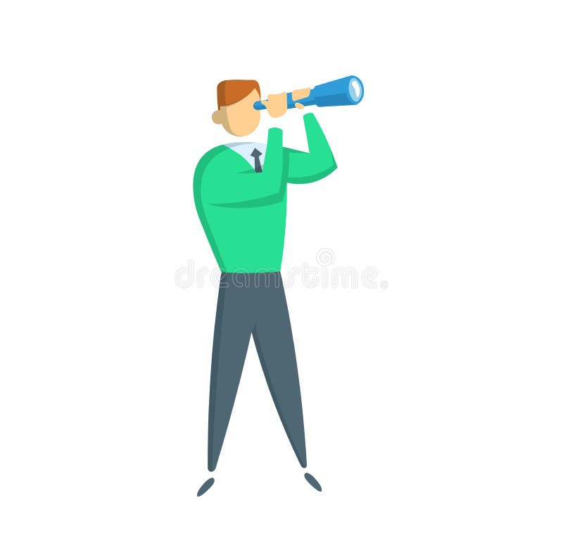 Affärsman med en kikare Hellångt diagram av en tillfälligt klädd affärsman Plan vektorillustration Isolerat på stock illustrationer Affärsman med en kikare Hellångt diagram av en tillfälligt klädd affärsman Plan vektorillustration Isolerat på stock illustrationer