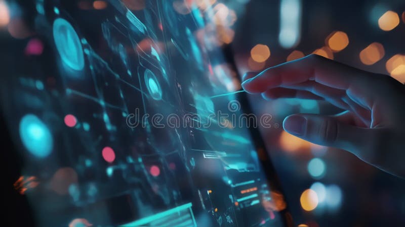 Affärsman navigerar futuristiskt gränssnitt med interaktiv dataanalys royaltyfri illustrationer