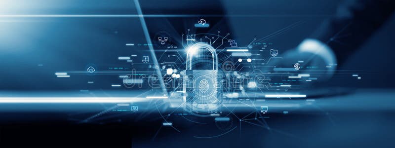 Affärsman och fingeravtrycksskanning upplåsning och åtkomst till affärsdatanät. moln. biometrisk identifiering och cyber arkivbild