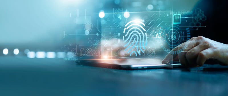 Affärsman som använder pekdator och fingeravtrycksskanning upplås och åtkomst till affärsdatanätverk. biometrisk identifiering och fotografering för bildbyråer