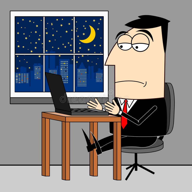 Affärsman som arbetar sent på natten med datorövertidskoncept