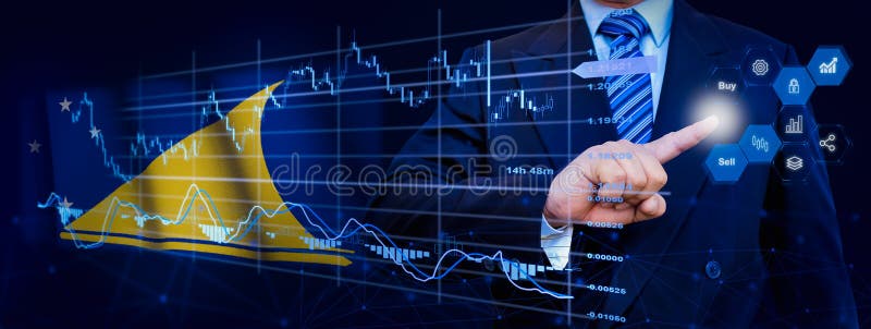 Affärsman som berör dataanalysprocesssystemet med KPI:s finansiella kartor, instrumentpanel för lager och marknadsföring på virtu royaltyfri fotografi