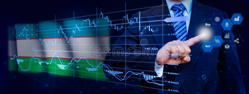 Affärsman som berör dataanalysprocesssystemet med KPI:s finansiella kartor, instrumentpanel för lager och marknadsföring på virtu royaltyfria bilder