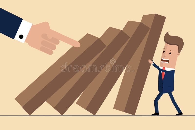 Affärsman som försöker att stoppa fallande dominobricka Affärskrisledning och lösningsbegrepp Begrepp av risken också vektor för stock illustrationer Affärsman som försöker att stoppa fallande dominobricka Affärskrisledning och lösningsbegrepp Begrepp av risken också vektor för stock illustrationer