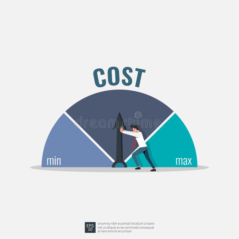 Businessman trying to push cost to minimum position illustration. Cost reduction strategy concept, eps10. Businessman trying to push cost to minimum position illustration. Cost reduction strategy concept, eps10