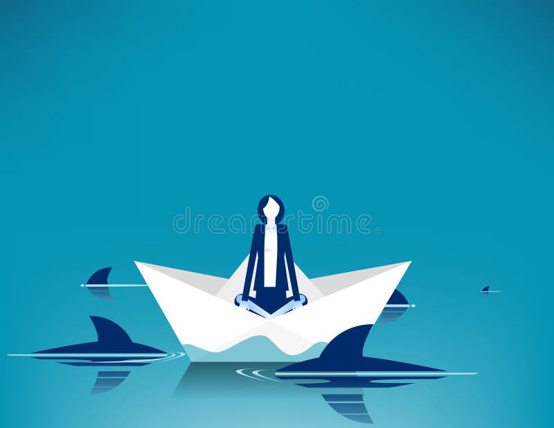 Businesswoman sitting on paper boat surrounded by sharks. Businesswoman sitting on paper boat surrounded by sharks