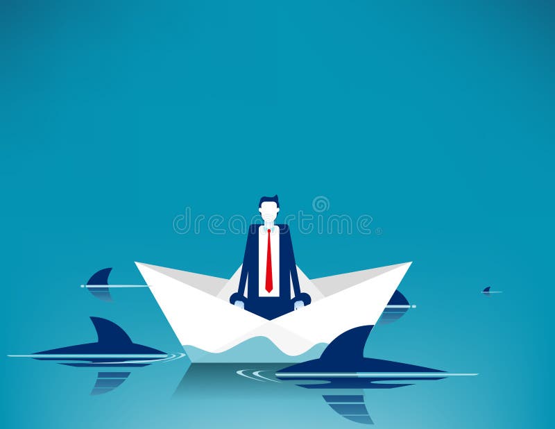 Businessman sitting on paper boat surrounded by sharks. Businessman sitting on paper boat surrounded by sharks