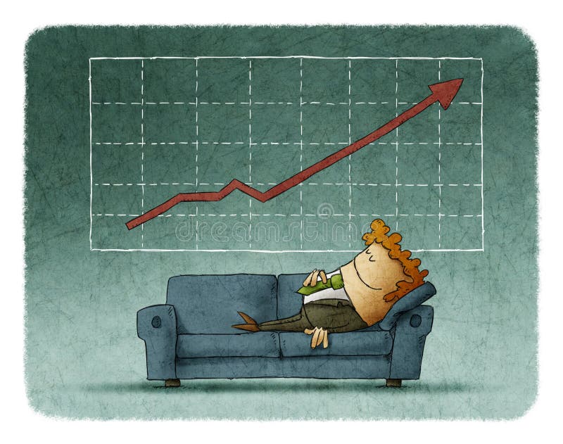 Affärsman som sover på soffan mot av lyckad graf stock illustrationer Affärsman som sover på soffan mot av lyckad graf stock illustrationer