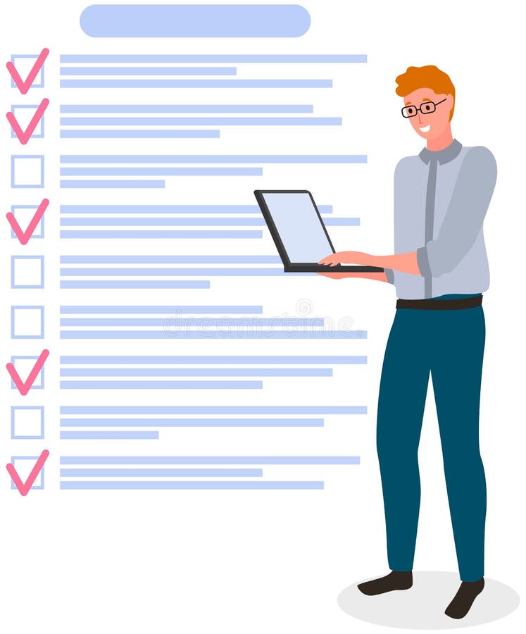 Affärsman som står med bärbar dator nära stor checklista. manligt tecken med plannerprogram på datorn vektor illustrationer
