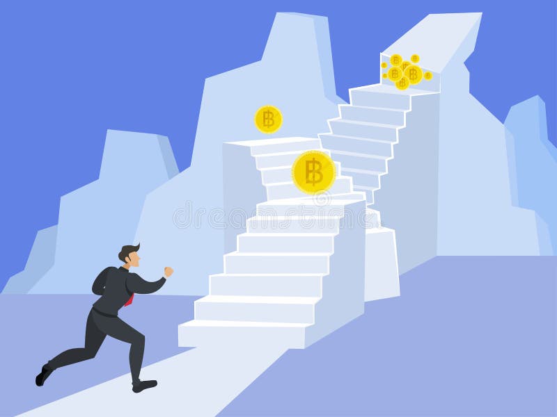 Affärsman som upp kör trappan till överkanten av berget stock illustrationer Affärsman som upp kör trappan till överkanten av berget stock illustrationer